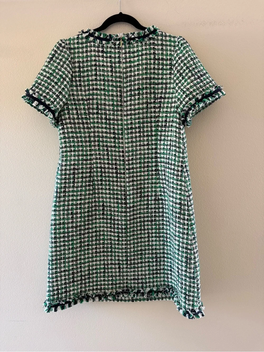 Kate Spade NY Tea Time Green and White Tweed Midi Dress with Navy Trim NEW